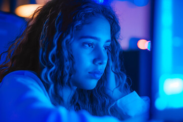 A programmer, a Latina woman with a look of triumph, leans back in her chair after solving a complex coding problem, bathed in the blue glow of the computer screen.