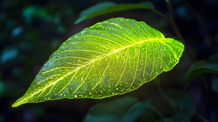 Wall Mural - illuminated leaf with water droplets.