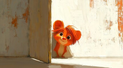 Canvas Print -   A small dog peeks through a doorway, its head protruding from the edge of the room