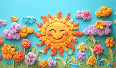 Cheerful sun with smiling face surrounded by colorful flowers and clouds on a bright blue background. Generative AI