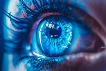 Eye iris human vision blue pupil closeup. Macro futuristic eyeball eyesight sight digital future technology beauty. Concept woman reflection watching eyelash people female identity