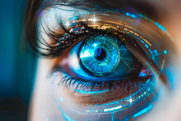 Eye iris human vision blue pupil closeup. Macro futuristic eyeball eyesight sight digital future technology beauty. Concept woman reflection watching eyelash people female identity