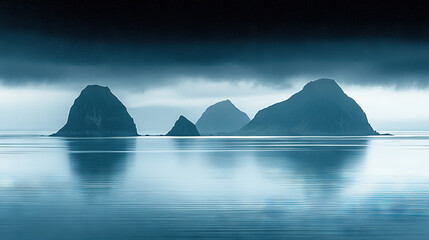 Wall Mural -   A mountain range surrounded by water with a dark sky background