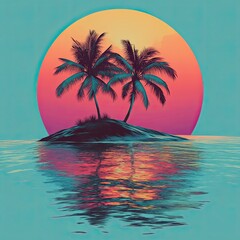 Wall Mural - illustration - ocean, small island with two palm trees and setting sun with rays, bright colorful colors. summer sea logo