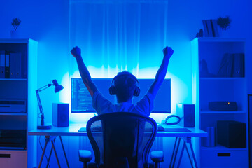 Programmer leans back in chair, triumphant after cracking coding problem, computer screen bathes room in blue light, white walls.