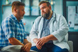 © VisualProduction - Supportive doctor soothing a worried overweight patient, discussing test result in emergency room. Illnesses and diseases in middle-aged men's health. Compassionate physician supporting stressed