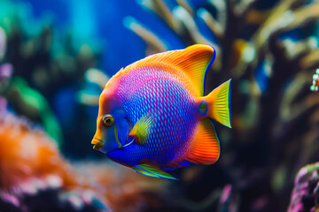 Wall Mural - Vibrant tropical angel fish with brilliant colors, surrounded by marine flora. Close-up of a strikingly colored tropical fish in a deep blue marine setting.