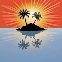 Wall Mural - illustration - ocean, small island with two palm trees and setting sun with rays, bright colorful colors. summer sea logo