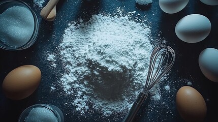   A table topped with eggs and a whisk adjacent to it