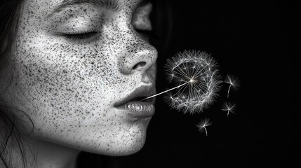 Poster -   A woman blowing on a dandelion with her face close to it