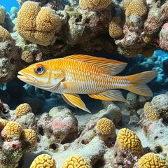 Sticker - Vibrant yellow tropical fish swimming among colorful coral reefs, displaying ocean biodiversity and marine life in pristine blue waters