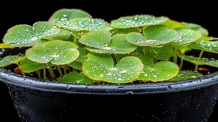 Poster -   A macro shot of a potted plant, featuring dew-kissed foliage