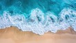 © BonzEarthsnapper - Produce an aerial view capturing the tranquil interaction between azure waves and a soft sandy beach, highlighting a picturesque and calming scene