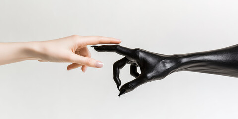 Female hand touching black hand of evil on simple background with copy space. Human touching evil