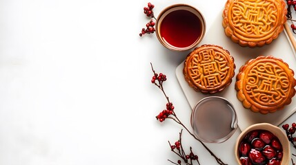 Wall Mural - Mid-autumn festival food, moon cake ,on white 