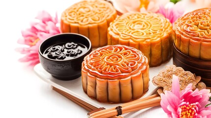 Wall Mural - Mid-autumn festival food, moon cake ,on white 