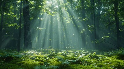 Wall Mural - Sunbeams Illuminating a Lush Forest