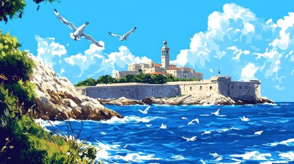 Coastal Fortress with Tower on Rocky Shore, Surrounded by Blue Ocean and Seagulls Under Clear Sky with Fluffy Clouds