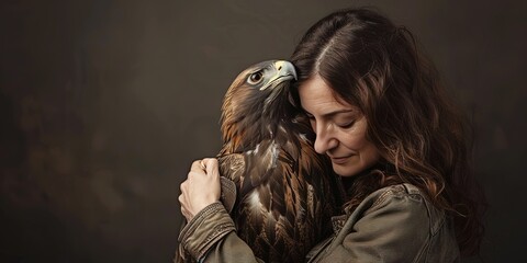 woman cuddling with pet eagle, copy space, solid background