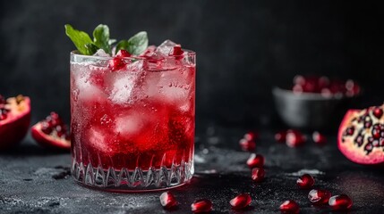 Wall Mural - Deculent pomegranate mixed drink against a dark backdrop