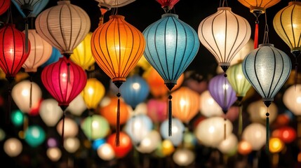 Vibrant lanterns hang in Hoi An, reflecting the spirit of the Chinese New Year celebrations through colorful displays and festive lights