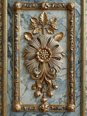 Wall Mural - Close-up ornate gold-colored frame hanging blue marble wall Baro