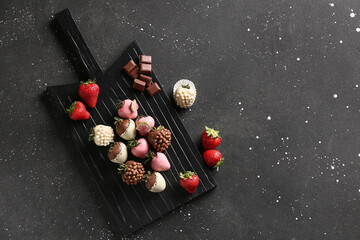 Wall Mural - Board with chocolate covered strawberries on black background