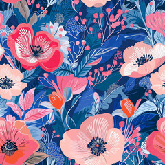 Poster - Vibrant floral seamless pattern with large red, pink, and peach flowers, surrounded by dark blue leaves. The bold colors create a lively and energetic atmosphere.