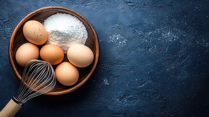 Wall Mural -   A blue countertop holds a wooden bowl brimming with eggs and a whisk positioned atop it