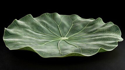 Poster -   A bowl in green leaf shape sits on black table next to wine and glass of wine