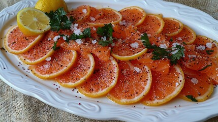 Wall Mural -   A white platter holds orange slices, sea salt, and a lemon