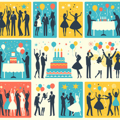 Celebration scenes with people, balloons, and cake illustration. DIY.