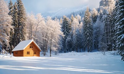 Canvas Print - a cabin in the middle of a snowy forest