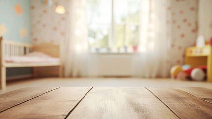 empty wooden table in the foreground. blurred background of a cozy bright children's room with large