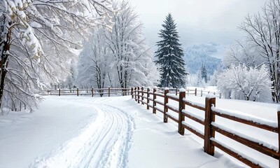 Canvas Print - a wooden fence in the snow near a forest