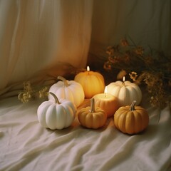 Pumpkins and pumpkin candles on a table. Minimal autumn concept.