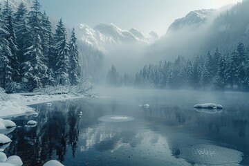 Wall Mural - Serene Winter Lake in Snowy Mountains