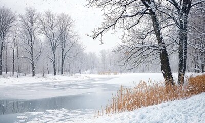 Wall Mural - a frozen pond surrounded by trees and snow