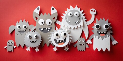 Menacingly cute paper cutout monsters in shades of white and gray, adorned with googly eyes, creepily arranged on a bold red background.