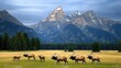 © lililia - A herd of wild elk grazes peacefully in Grand Teton National Park, surrounded by mountains and forest as the sun rises on a beautiful summer morning