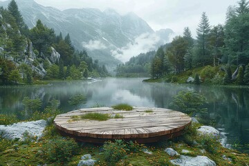 Poster - Serene Mountain Lake with Wooden Platform