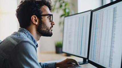 Wall Mural - a focused bookkeeper analyzing spreadsheets on a computer, with a light solid color background highl