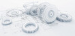 © Avalga - White mechanical gears displayed over technical blueprint in a monochromatic scheme.