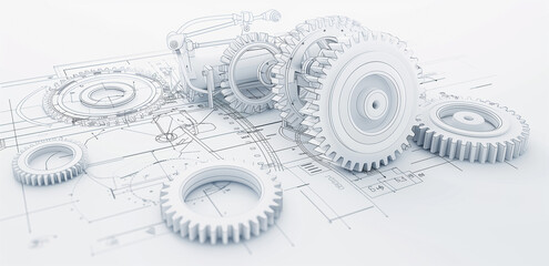 White mechanical gears displayed over technical blueprint in a monochromatic scheme.

