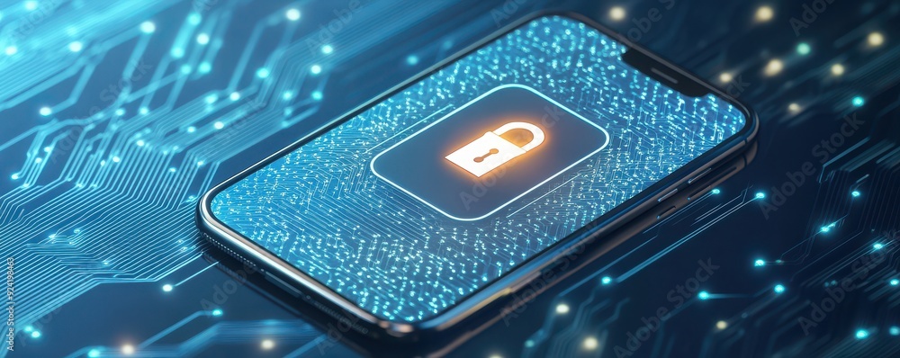A smartphone with a digital lock symbol on a circuit board background ...