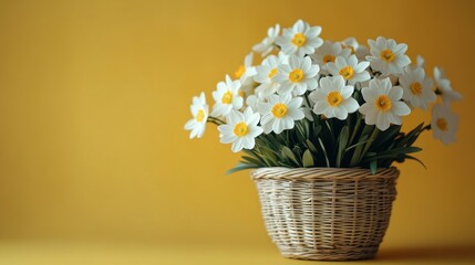 Poster - Daffodils in a Wicker Basket against a Yellow Background