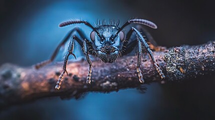 Wall Mural -   A close-up of a spider on a tree branch with droplets of water on its face and legs