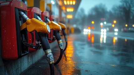 Sticker - Gas Pumps at a Service Station on a Rainy Day