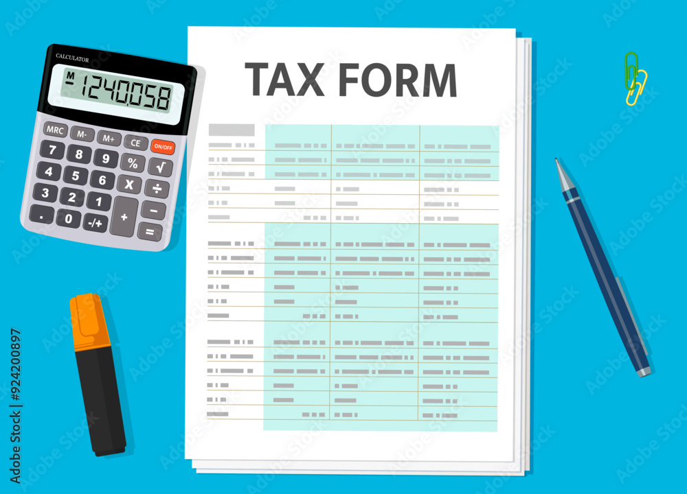 Tax Format File Tax form paper document with calculator, pen and text marker. Vector ...