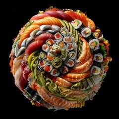 Canvas Print - Colorful artistic sushi assortment in circular composition. Vibrant sushi arrangement artfully presented on black background. Ideal for culinary, food art, and gastronomy themes. AI